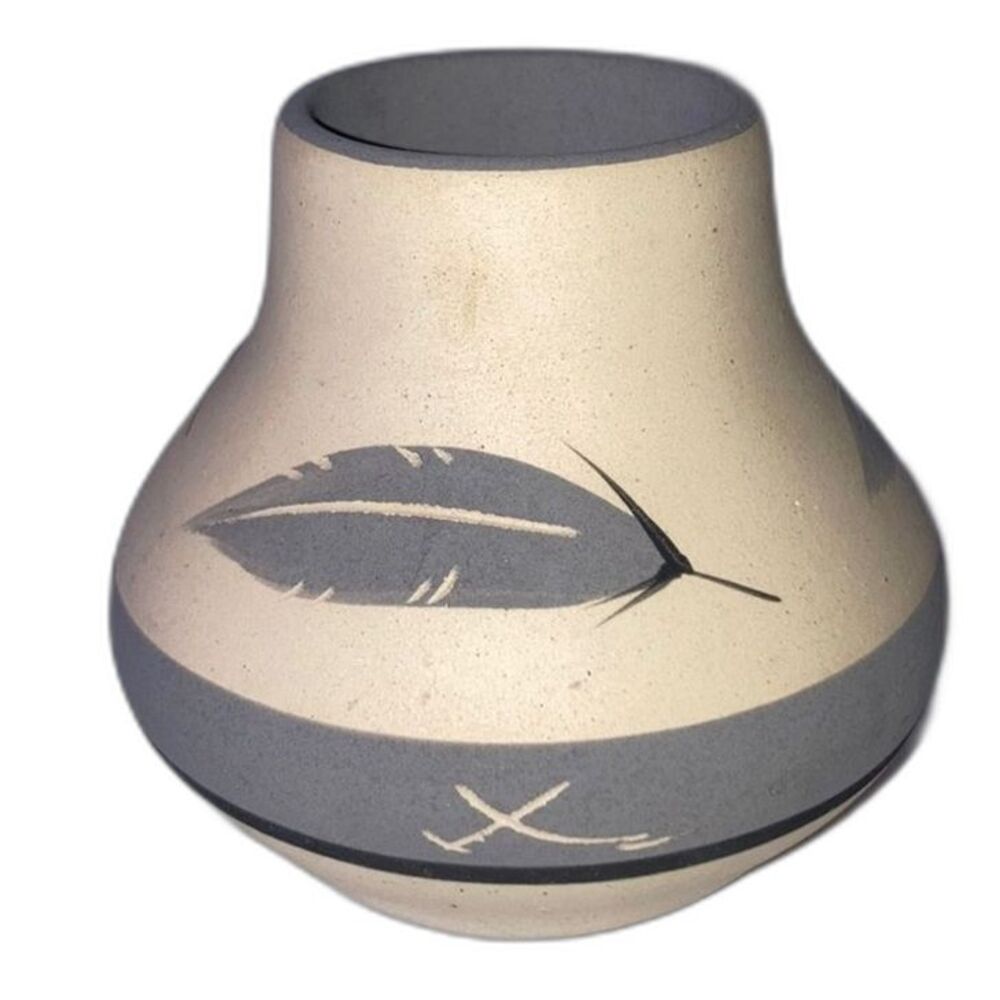 PUEBLO Southwestern Pottery Vase Vintage 1997 Grey Feather Signed 3.5 inches